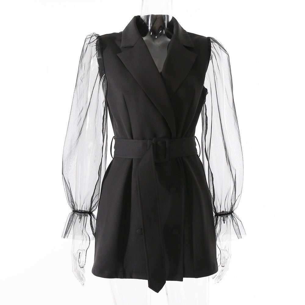 Autumn New Sexy See-Through Gauze Long Sleeve Suit Skirt Double Breasted Waist Temperament Dress