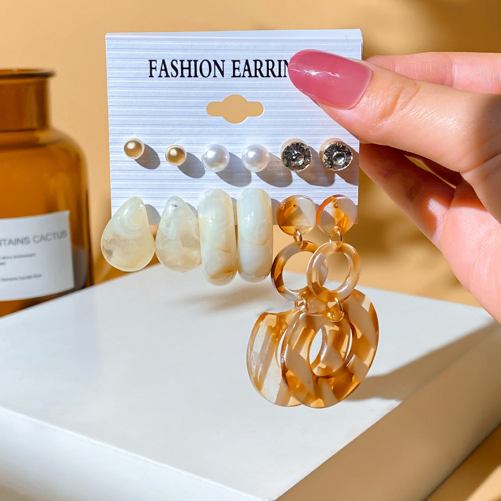 5 set New Resin Earrings Set For Women Retro Geometric Pearl Earrings 6-pairs one Set Combination