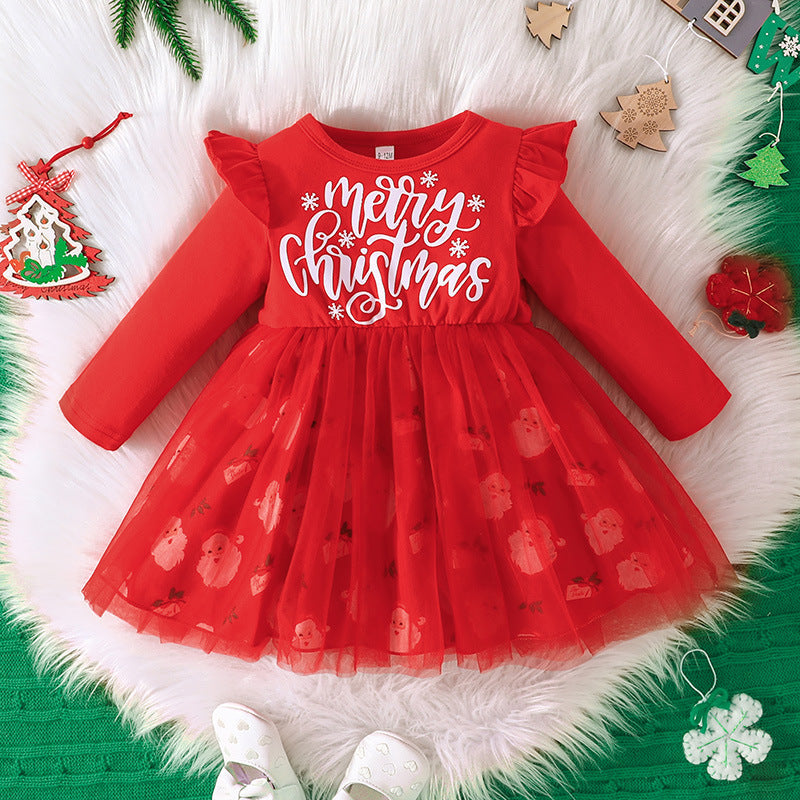 New Baby Dress Spring And Autumn Christmas Girl Letter Printed Gauze Skirt A-Line Skirt