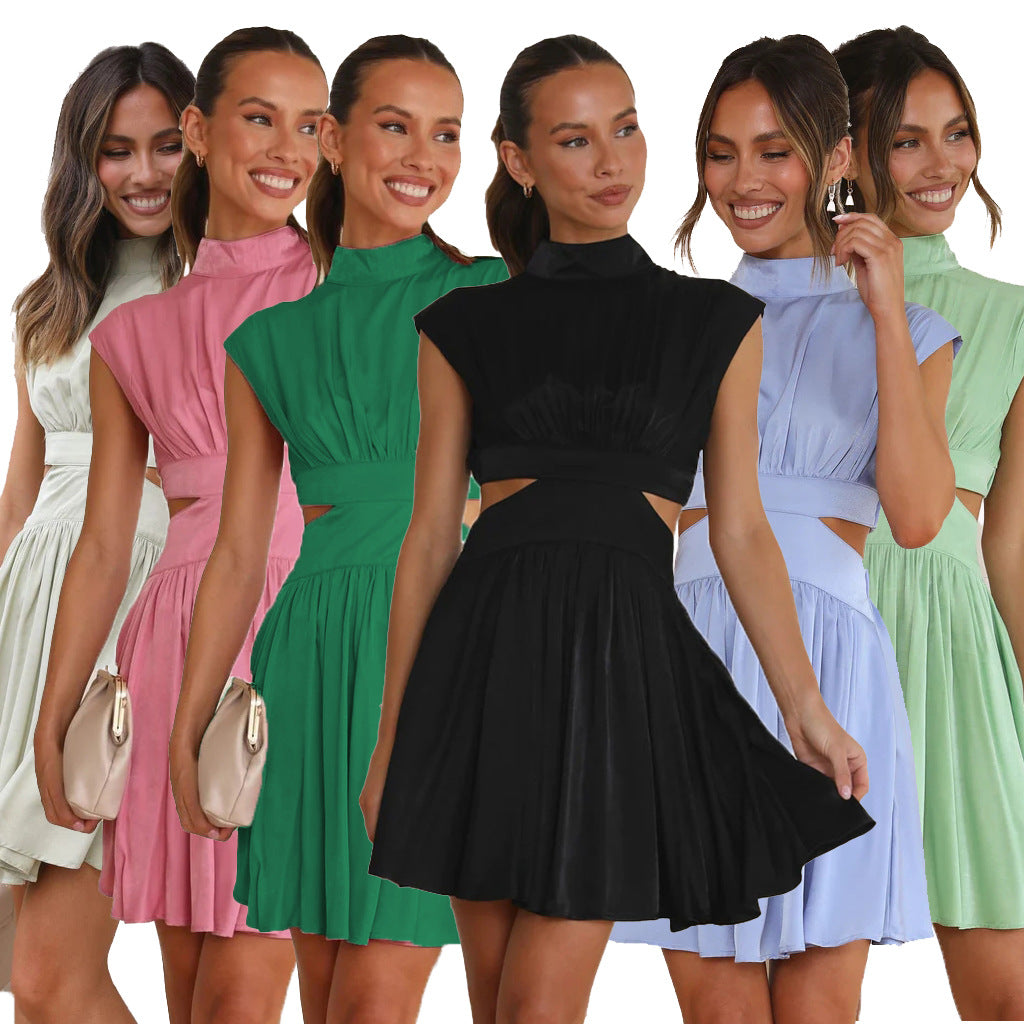Solid Color Sweet Summer Style Waist Waist Stand Collar Exposed Waist Short Dress