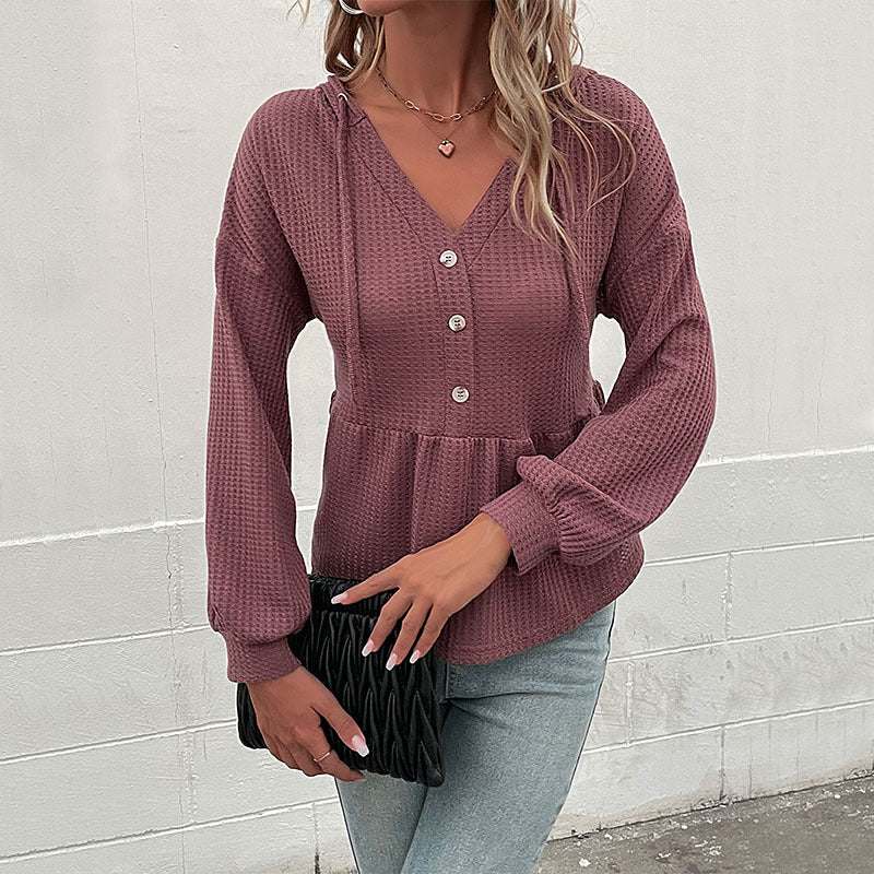 Women's Autumn New Waffle Long-Sleeved Hooded Jumper Sweater
