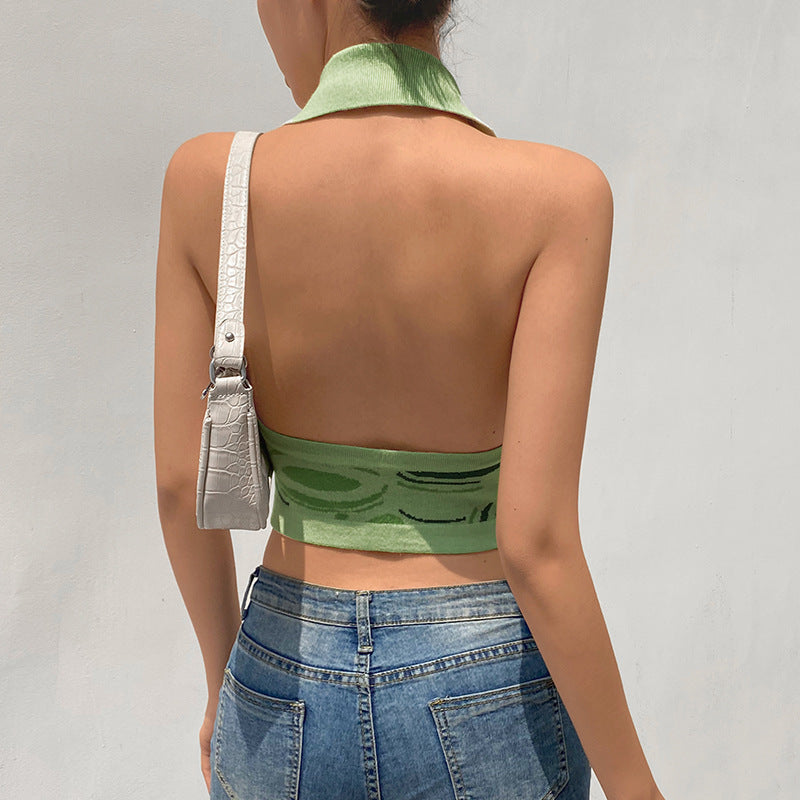 Spring Summer Irregular Pattern Halter Neck Sexy Top Halter Cardigan Sweater Back