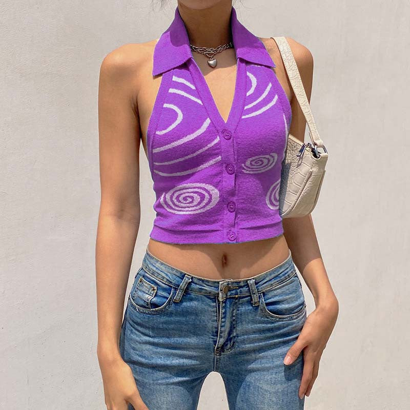 Spring Summer Irregular Pattern Halter Neck Sexy Top Halter Cardigan Sweater Back