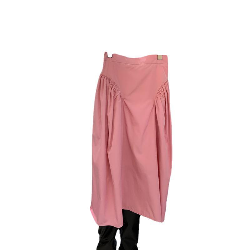 Summer New Solid Color All Matching High Waist Half Skirt Pleated Patchwork Pompadour MIDI Skirt Woman