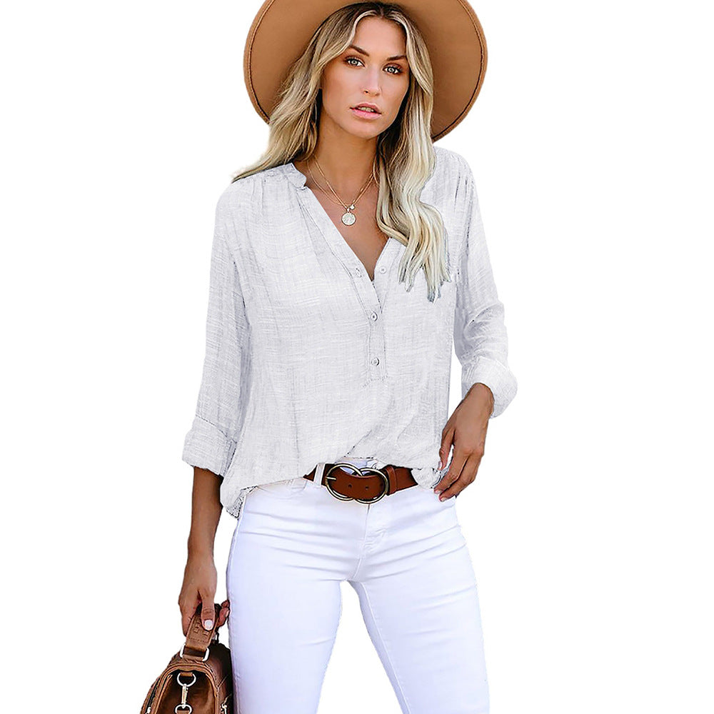 Autumn New V-Neck Ladies Striped Shirt With Loose Single Breasted Long Sleeve Blouse