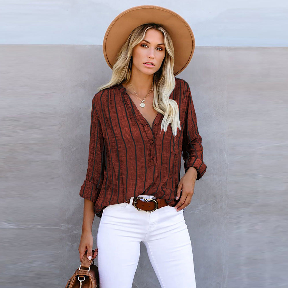 Autumn New V-Neck Ladies Striped Shirt With Loose Single Breasted Long Sleeve Blouse
