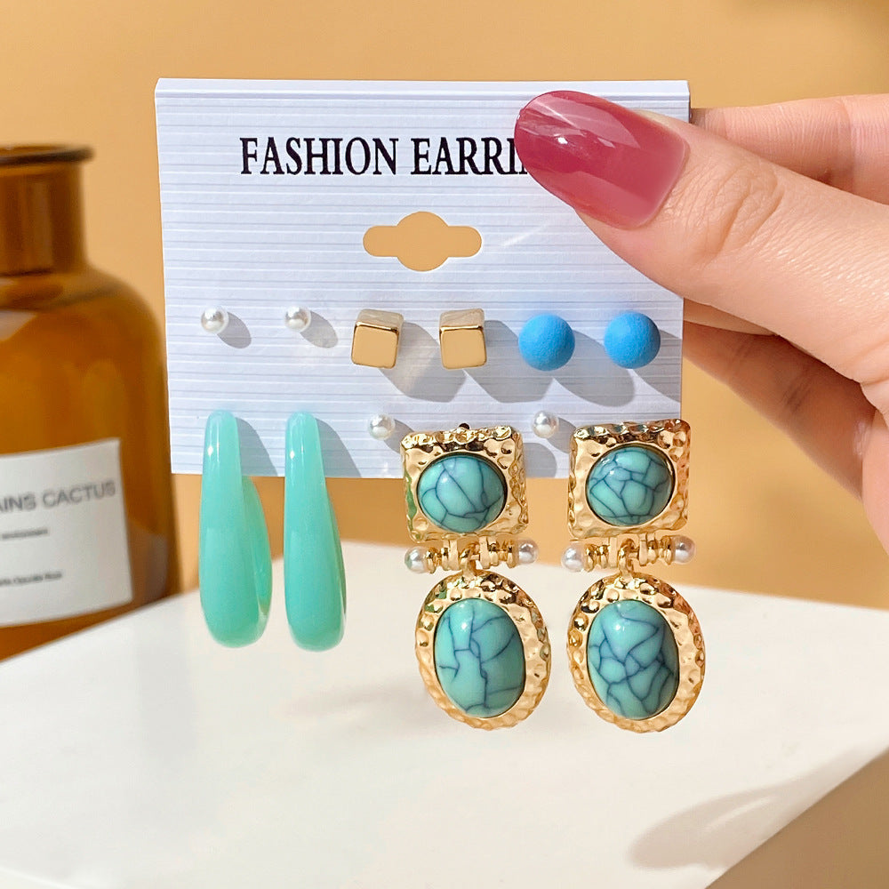 5 set New Resin Earrings Set For Women Retro Geometric Pearl Earrings 6-pairs one Set Combination