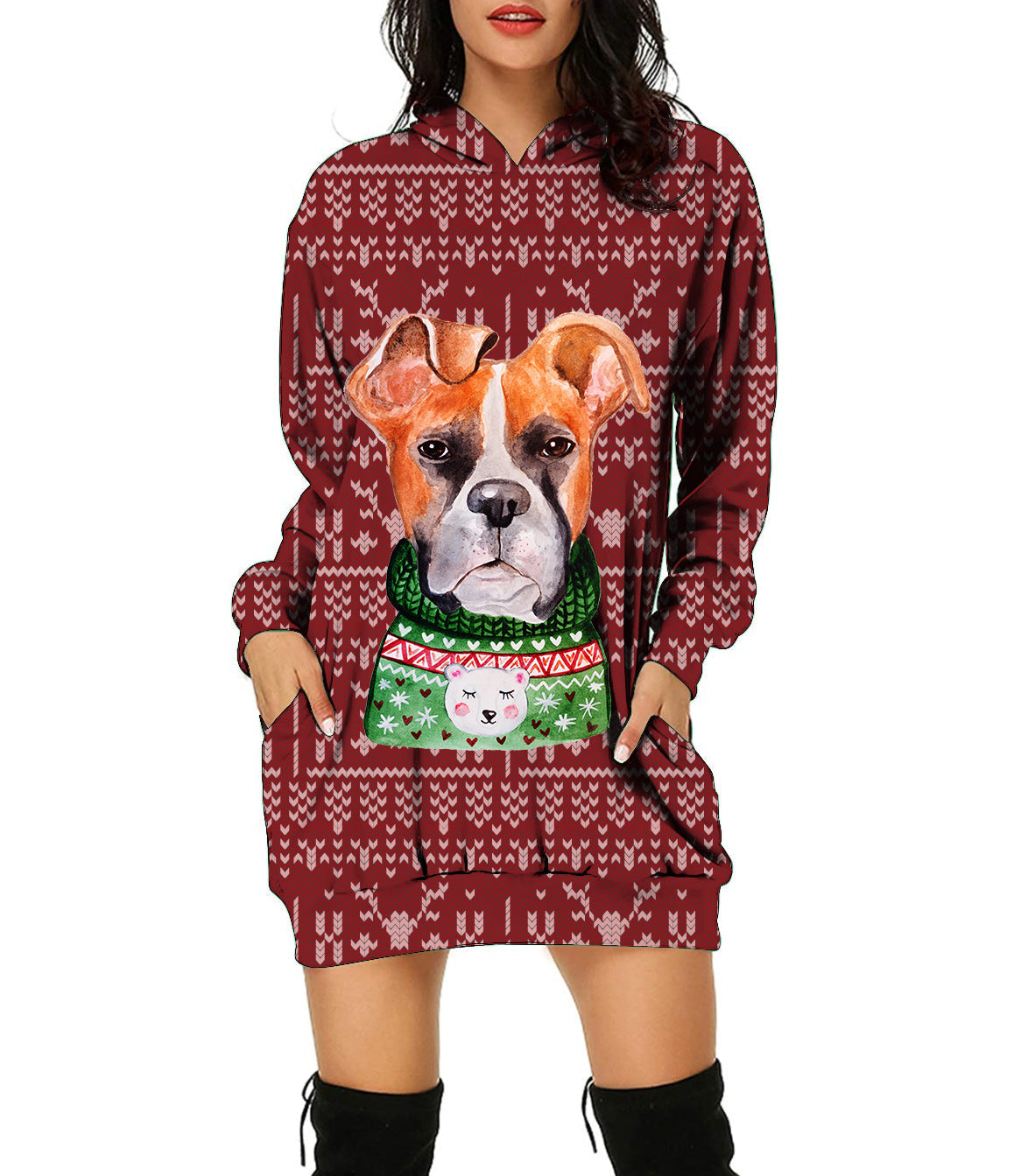 Autumn And Winter New Christmas Pattern Christmas Tree Print Hooded Jumper For Women Long-Sleeved Loose Hoodie Dress