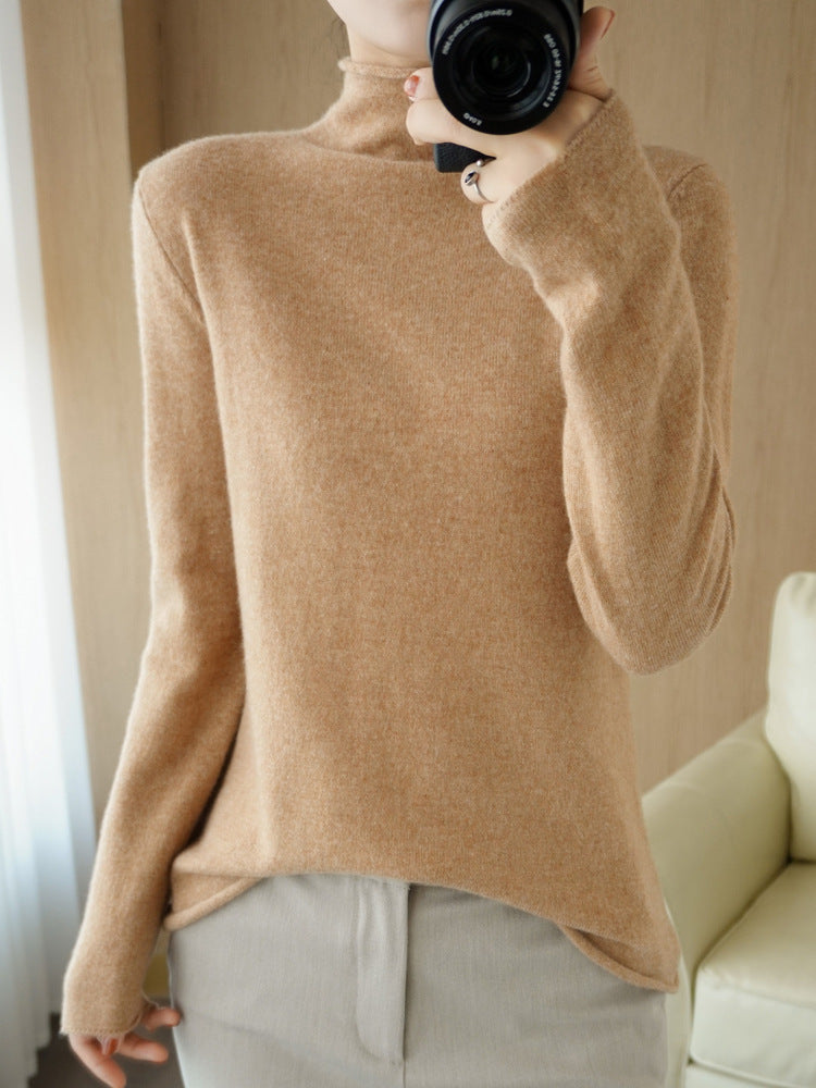 100% Pure Woolen Sweater Women Pile Collar In Autumn And Winter With Cashmere Sweater Western-Style Turtleneck Top Knitted Base