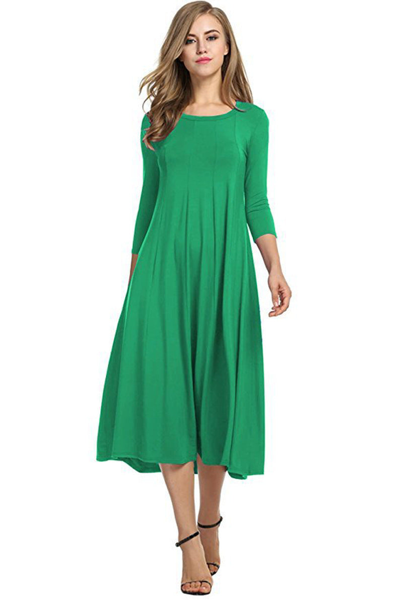 Women's Autumn And Winter New Skirt Fashion Round Neck Seven Points Sleeve Solid Color Swing Dress A Hair