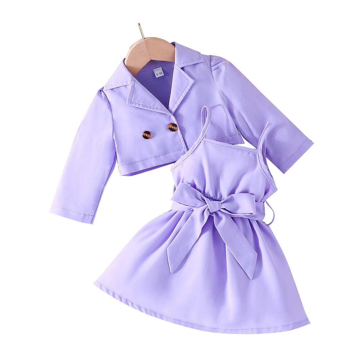Spring And Autumn Sweet Simple Girls Lapel Long Sleeve + Solid Color Slip Dress Two-Piece Set Of A Hair