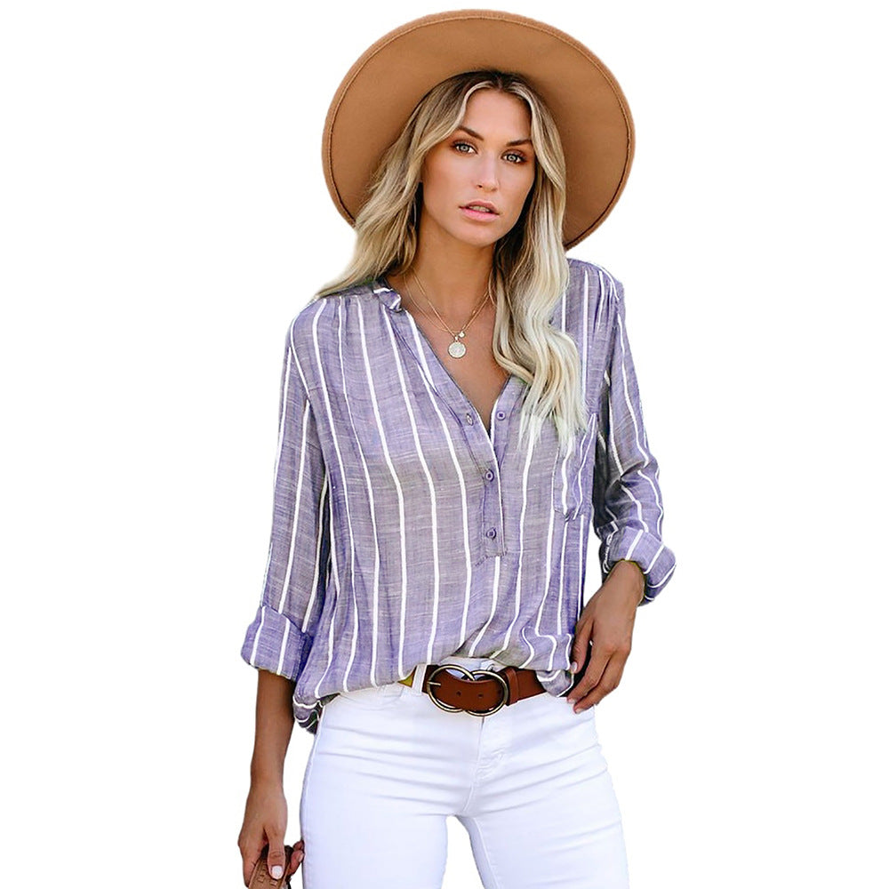 Autumn New V-Neck Ladies Striped Shirt With Loose Single Breasted Long Sleeve Blouse