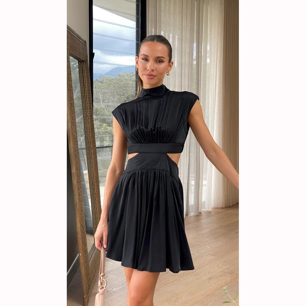 Solid Color Sweet Summer Style Waist Waist Stand Collar Exposed Waist Short Dress