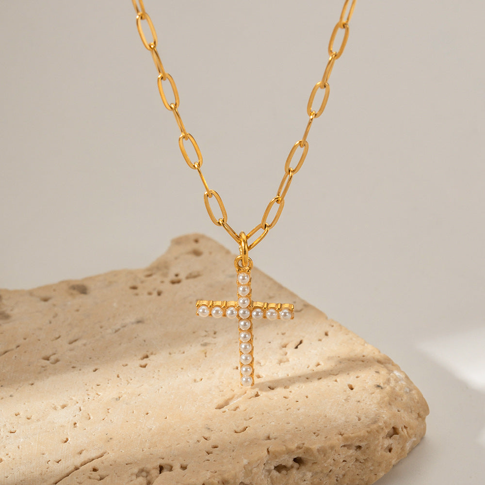 5 pcs 18K Gold Stainless Steel Inlaid Pearl Cross Pendant Necklace Does Not Fade Color Jewelry