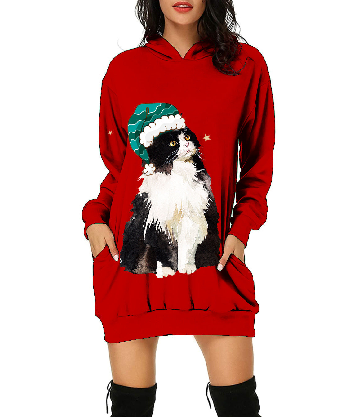 Autumn And Winter New Christmas Pattern Christmas Tree Print Hooded Jumper For Women Long-Sleeved Loose Hoodie Dress