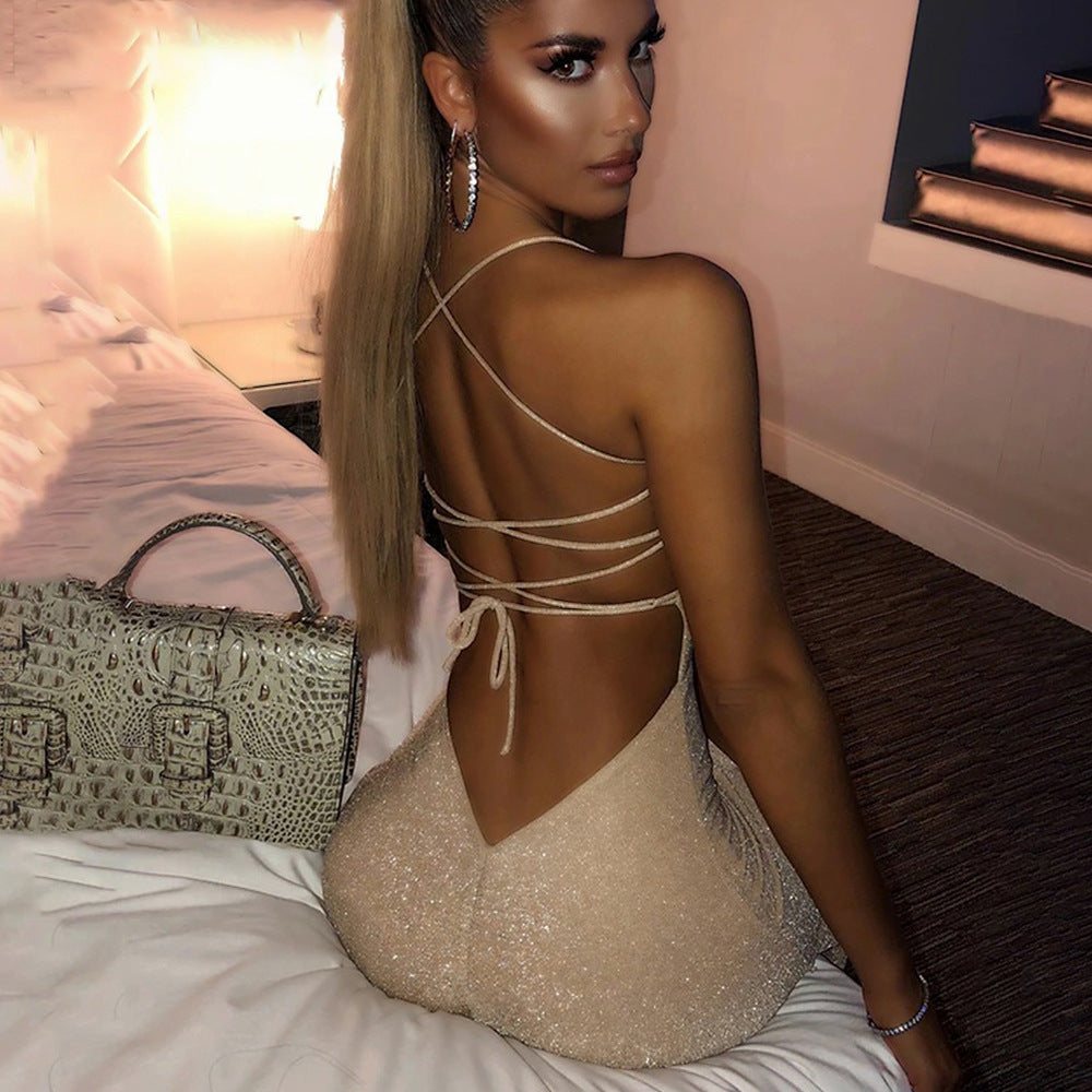 Women's Dress Summer New Fashion Sexy Backless Gold Halter Dress A Hair
