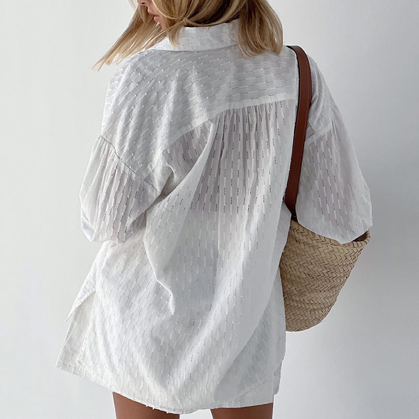 Summer Women's Shirt Jacquard Bubble Sleeve Temperament Top Shorts Commuter Design Sense Of Leisure Suit