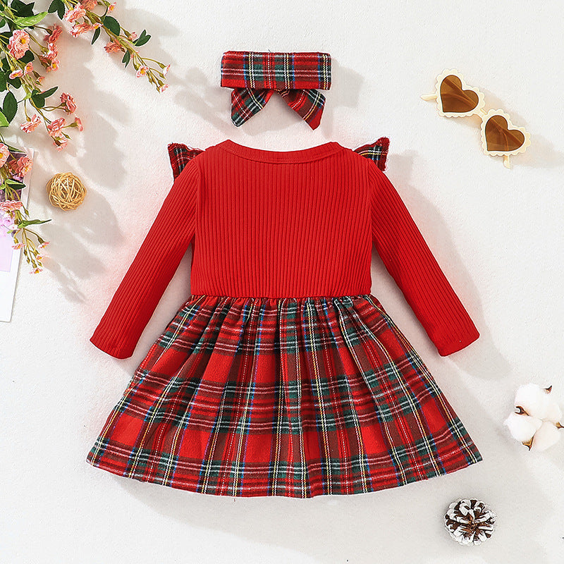 Girls' Long-Sleeved Dress Autumn Winter Children's Christmas Plaid Skirt Baby Baby Red Skirt A-Line Skirt