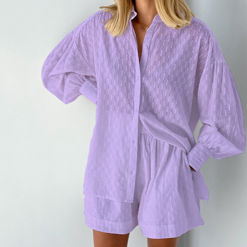 Summer Women's Shirt Jacquard Bubble Sleeve Temperament Top Shorts Commuter Design Sense Of Leisure Suit