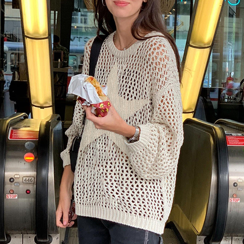 Lazy Wind Stars Loose Long-Sleeved Sweater Women's Sexy Hollow Through Pure Color Thin Woolen Woven Smock
