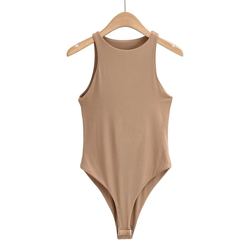 Summer Crew Neck Stretch Slim-Fit Sleeveless Bottom Jumpsuit Women's Skinny Double Layer One-Piece Vest