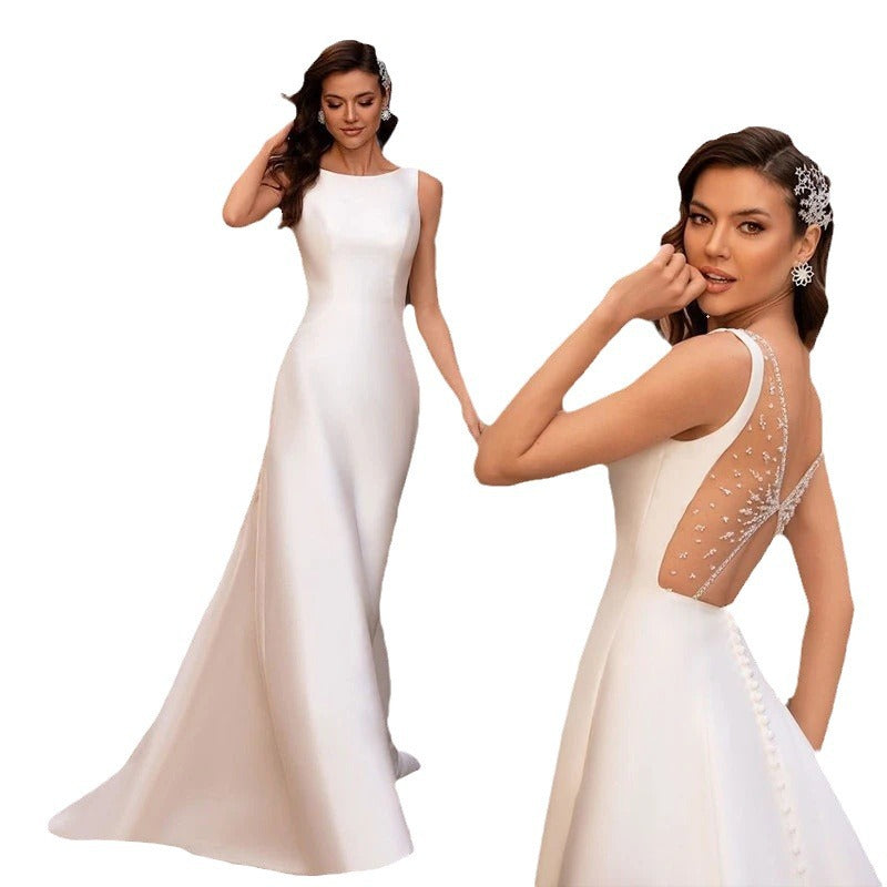 New Wedding Dress Mori Department New Bride Simple High Neck Forging Face Big Backless Small Tail Delicate