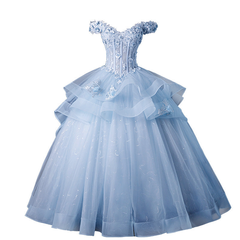 Blue Evening Gown Pommel Skirt Princess Skirt Swing Vocal Dress Bel Canto Stage Solo Ensemble Elegant Long Style