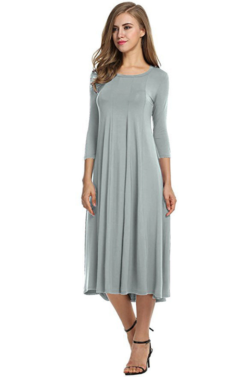 Women's Autumn And Winter New Skirt Fashion Round Neck Seven Points Sleeve Solid Color Swing Dress A Hair