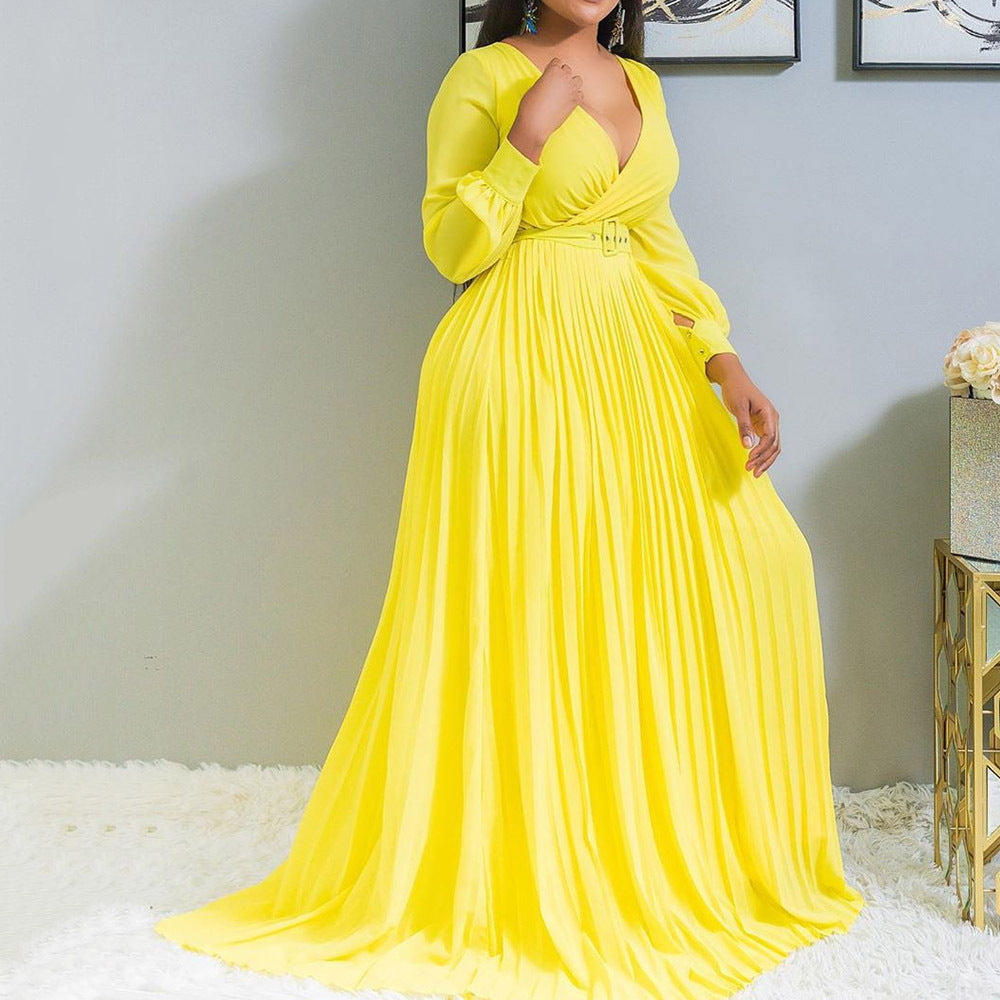 Plus-Size Women's Deep V Cross Grab Pleated Front Skirt Solid Color Pleated Big Swing Dress