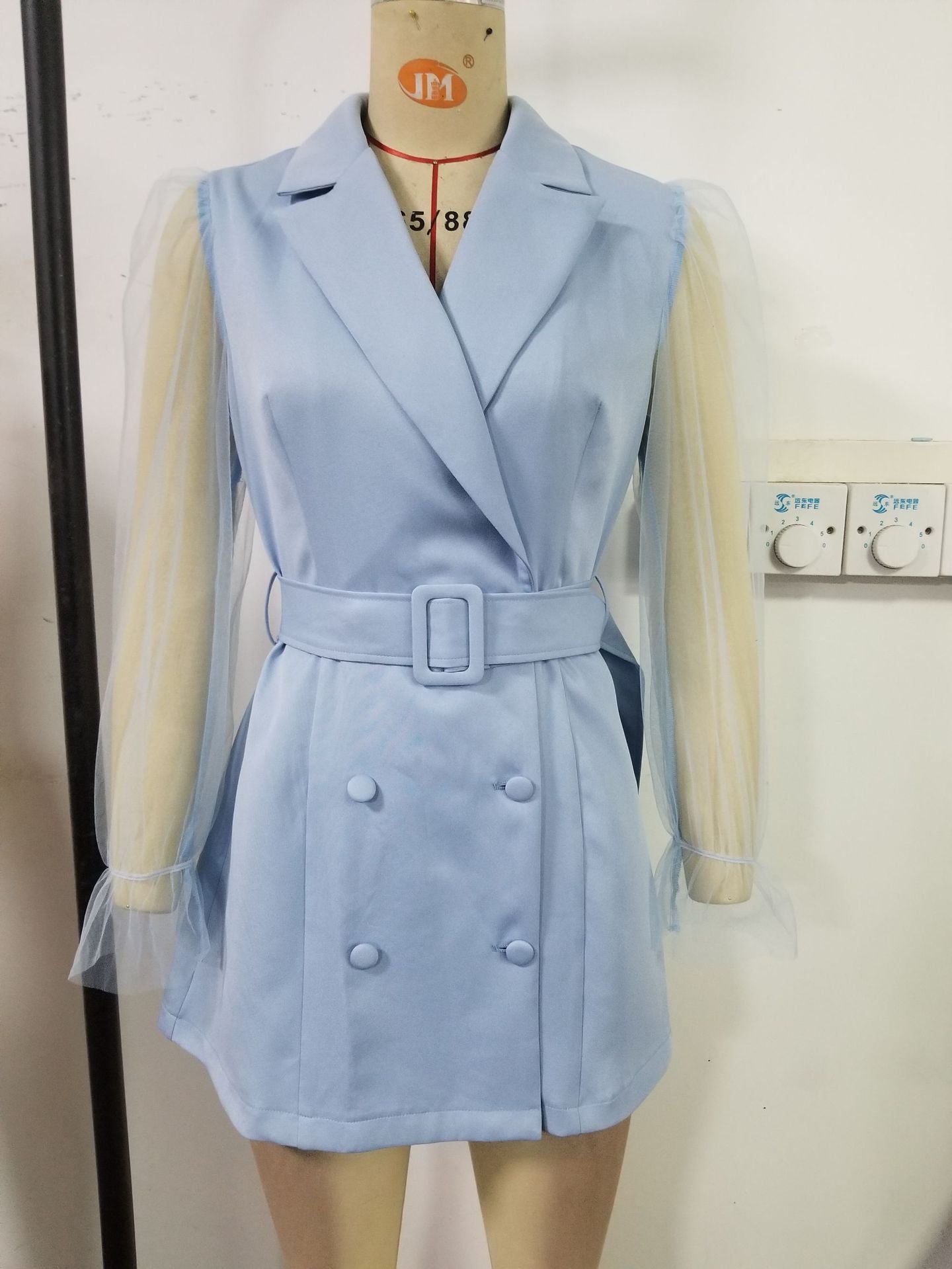 Autumn New Sexy See-Through Gauze Long Sleeve Suit Skirt Double Breasted Waist Temperament Dress