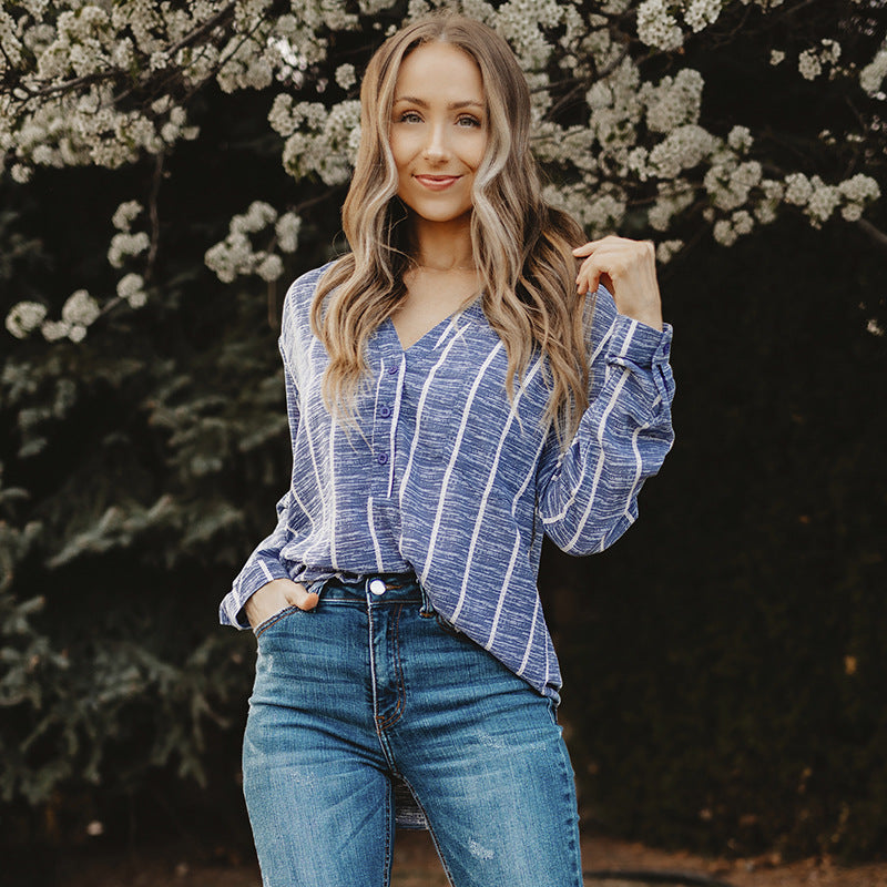 Autumn New V-Neck Ladies Striped Shirt With Loose Single Breasted Long Sleeve Blouse
