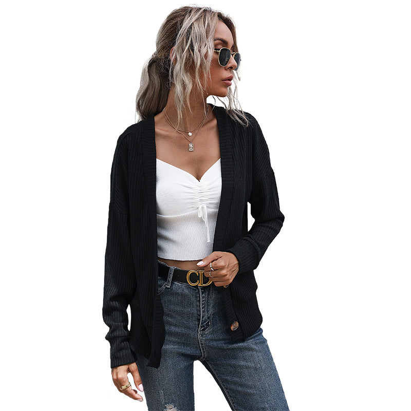 Autumn Women's Black Long-Sleeved Sweater Cardigan Coat