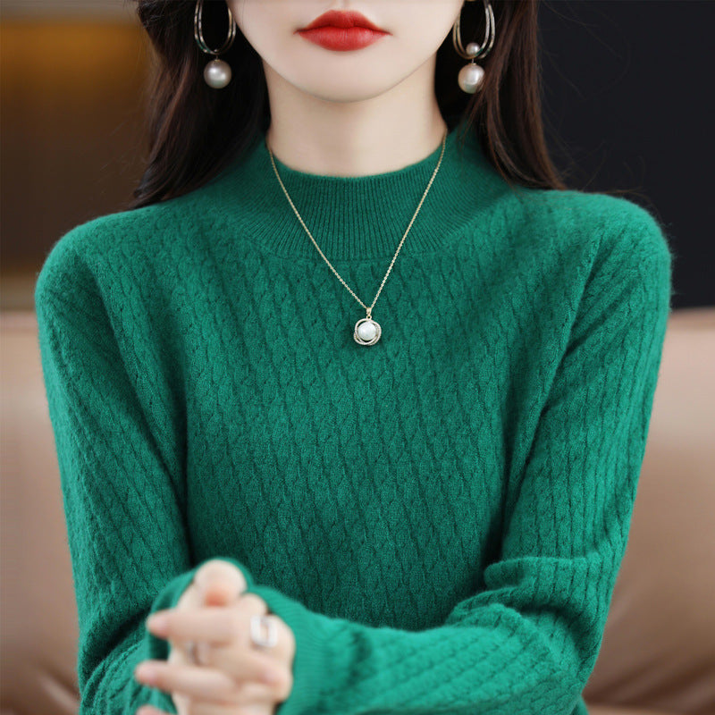 Full Body Jacquard Female Half Turtleneck 100 Woolen Sweater Autumn And Winter New Loose Foreign Style Cashmere Sweater To Wear