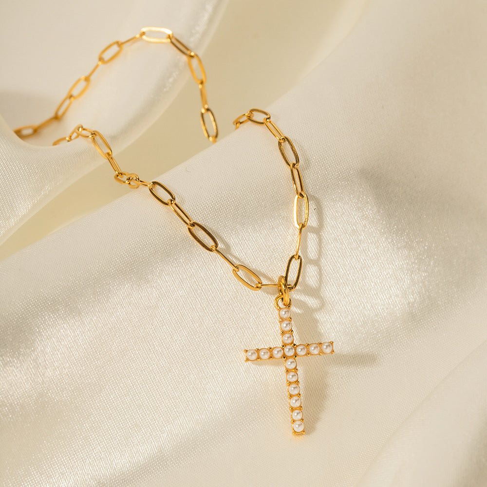 5 pcs 18K Gold Stainless Steel Inlaid Pearl Cross Pendant Necklace Does Not Fade Color Jewelry