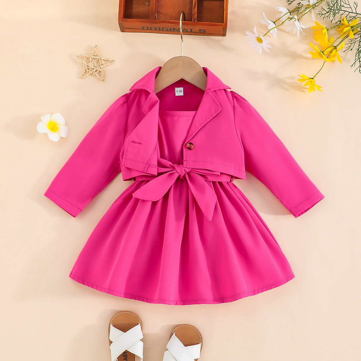 Spring And Autumn Sweet Simple Girls Lapel Long Sleeve + Solid Color Slip Dress Two-Piece Set Of A Hair