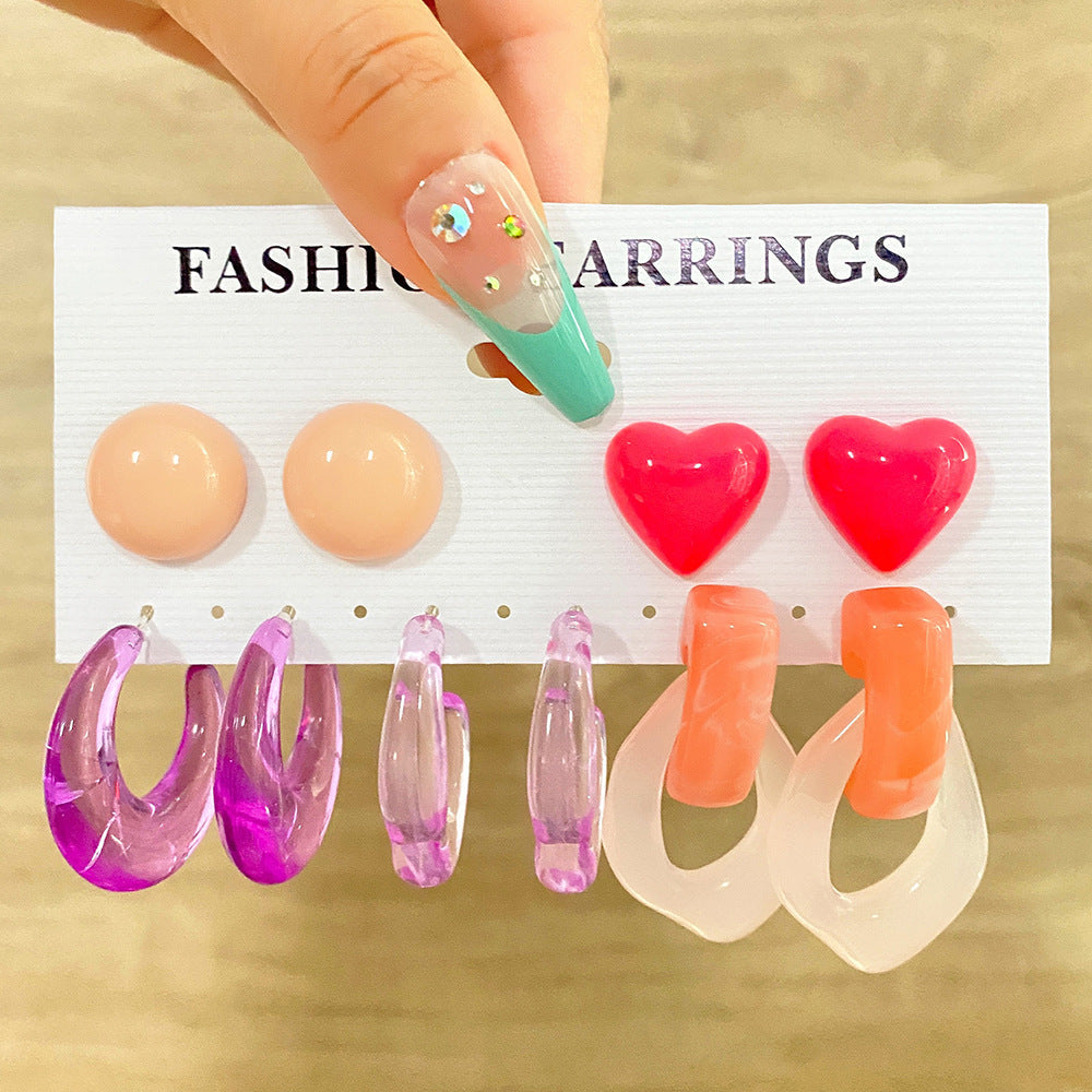 5 set New Resin Earrings Set For Women Retro Geometric Pearl Earrings 6-pairs one Set Combination