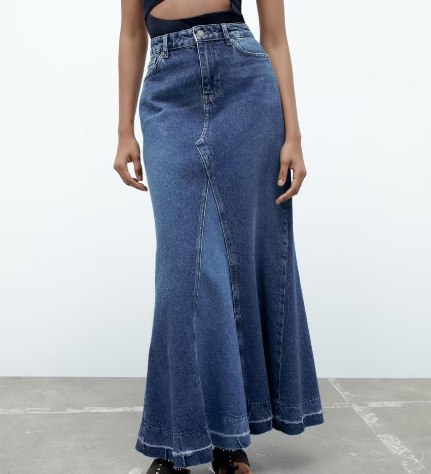 Spring Women's Casual Denim Spliced Flared Skirt