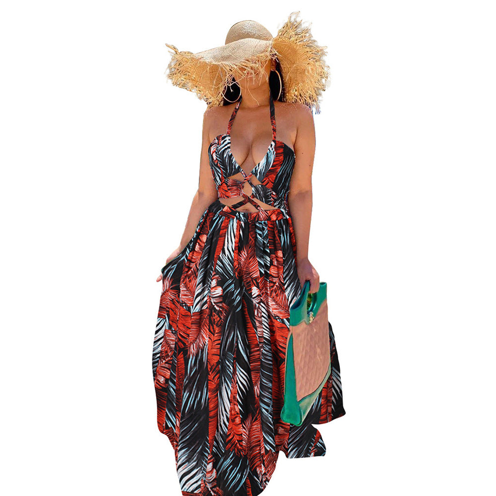 Women's Dress Summer New Skirt Fashion Temperament Printed Character Halter Strap Dress Female Spot