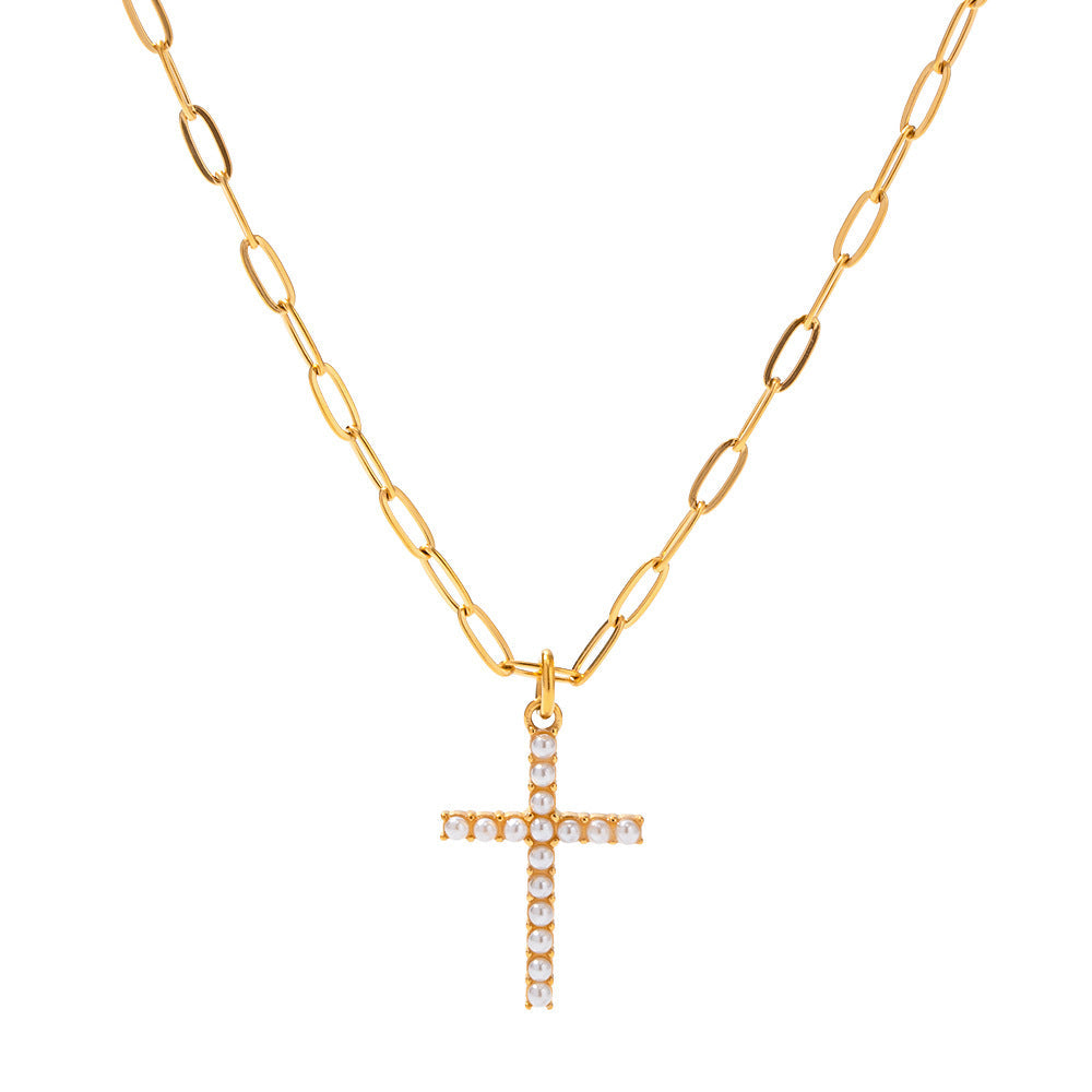 5 pcs 18K Gold Stainless Steel Inlaid Pearl Cross Pendant Necklace Does Not Fade Color Jewelry