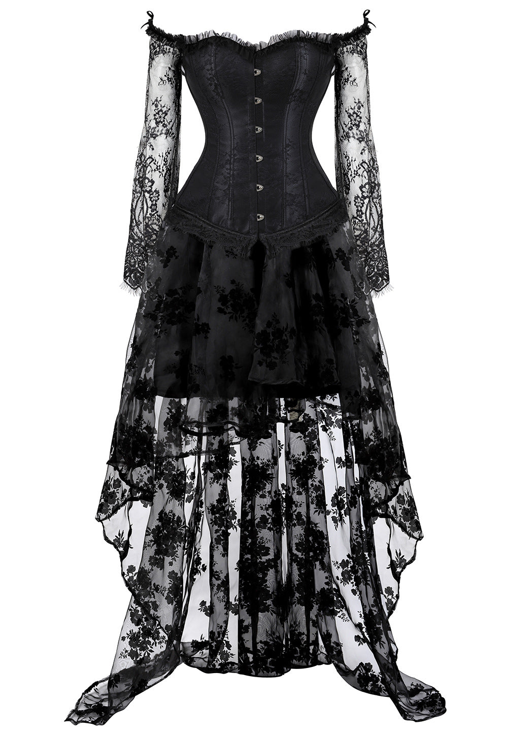 Lace Mesh Flat Shoulder Long Sleeve Floor-length Shapewear for Court Ladies Separate Suit