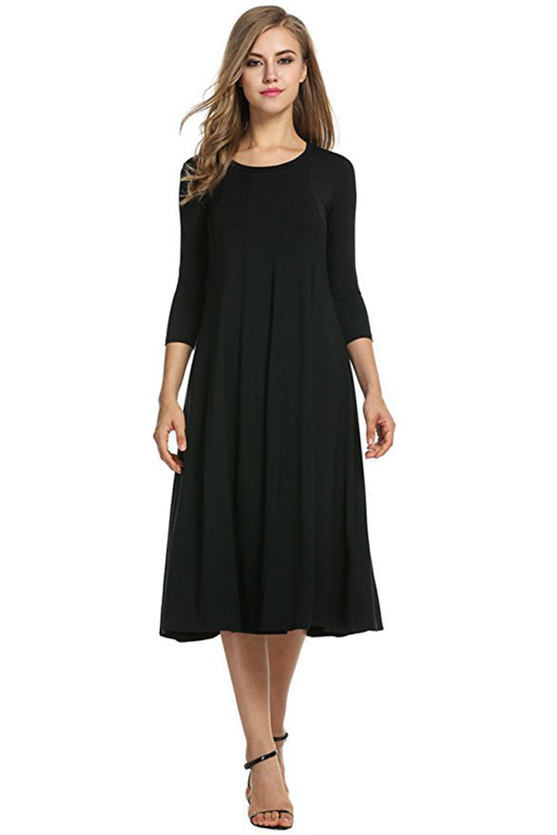 Women's Autumn And Winter New Skirt Fashion Round Neck Seven Points Sleeve Solid Color Swing Dress A Hair