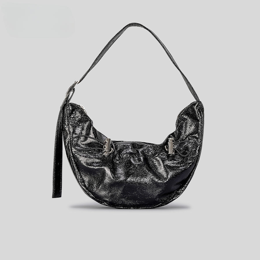 Pvc Drawing Crescent Bag High-Grade Pleated Dumpling Bag Fashion Trend Lacquered Underarm Bag