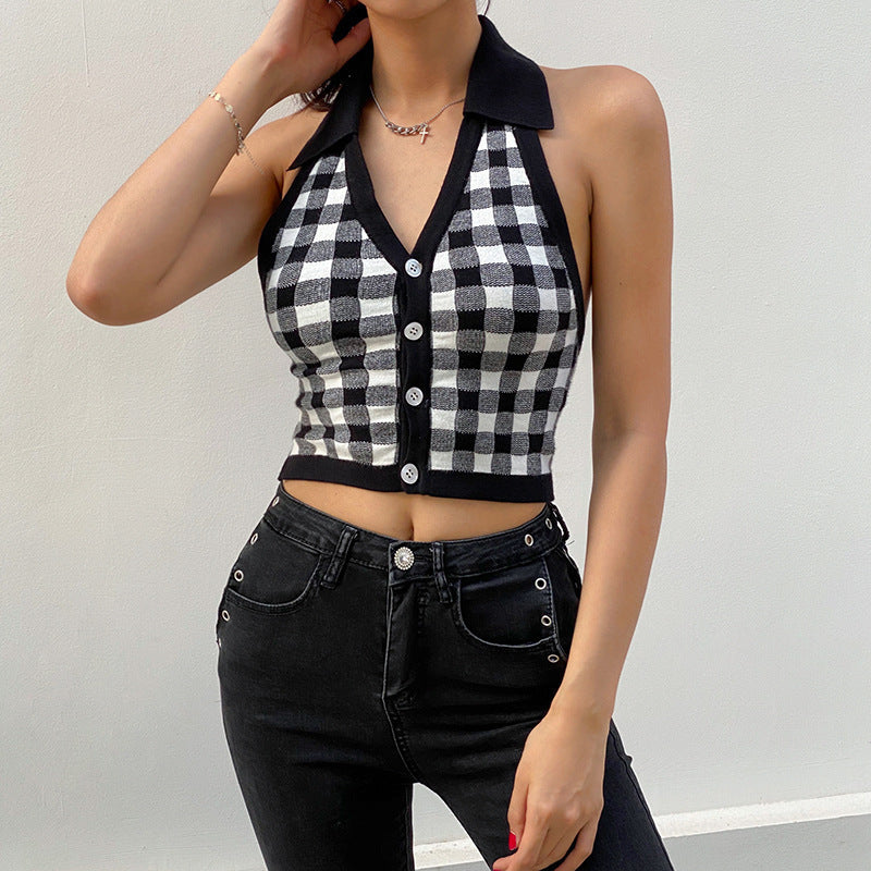 Spring Summer Irregular Pattern Halter Neck Sexy Top Halter Cardigan Sweater Back
