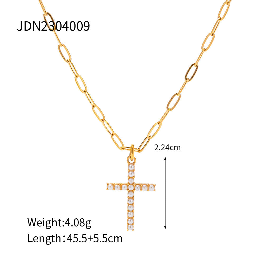 5 pcs 18K Gold Stainless Steel Inlaid Pearl Cross Pendant Necklace Does Not Fade Color Jewelry