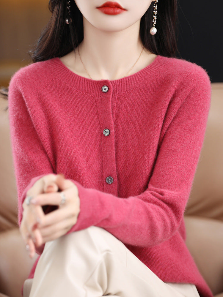 Round Neck Cashmere Cardigan Women's Knit Coat Spring And Autumn Loose Short Wool Sweater Women's 100 Pure Wool Sweater Outside
