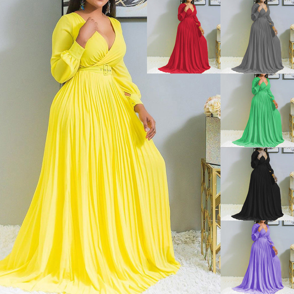 Plus-Size Women's Deep V Cross Grab Pleated Front Skirt Solid Color Pleated Big Swing Dress