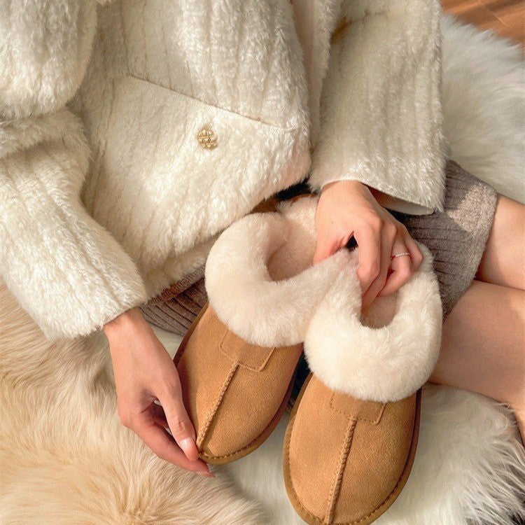 New fluffy slippers women wear fur one wrapped head snow boots 2023 winter new slip-on warm cotton slippers