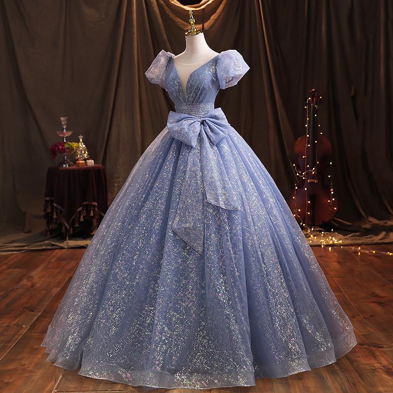 Blue Evening Dress Female New Temperament Socialite Banquet Performance Host Human Art Test Vocal Dress Slimming