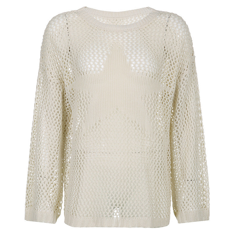 Lazy Wind Stars Loose Long-Sleeved Sweater Women's Sexy Hollow Through Pure Color Thin Woolen Woven Smock