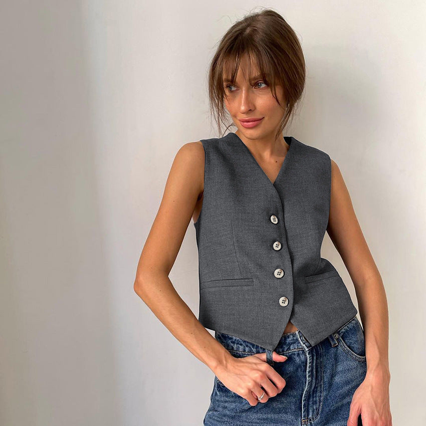 Summer New Neutral Minimalist Grey Sleeveless Vest Suit Fashion Two-Piece Suit For Women